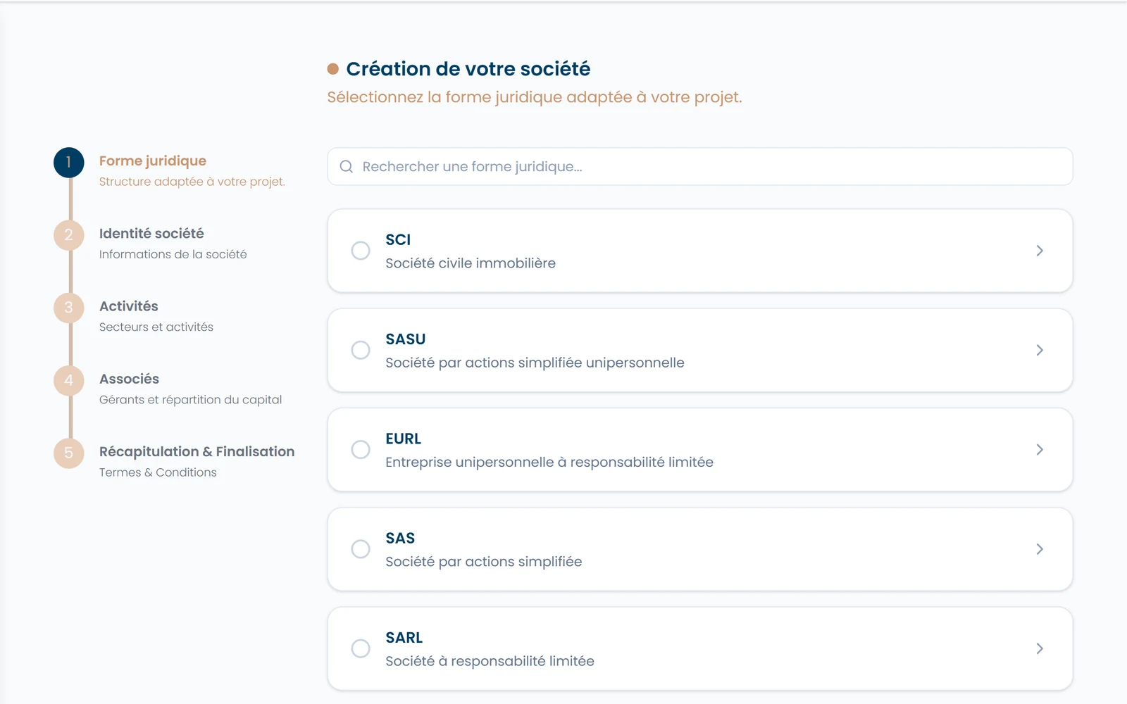 Création de société dans Papperless : choix de la forme juridique (SCI, SASU, EURL, SAS, SARL), première des cinq étapes du parcours guidé